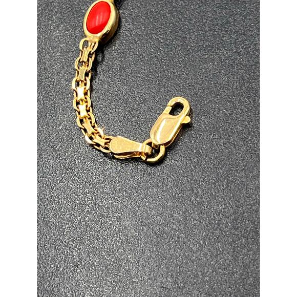 Yellow Gold 14k Italy Byzantine Woven Style Five Oval Coral Cabochons Bracelet - Picture 9 of 10